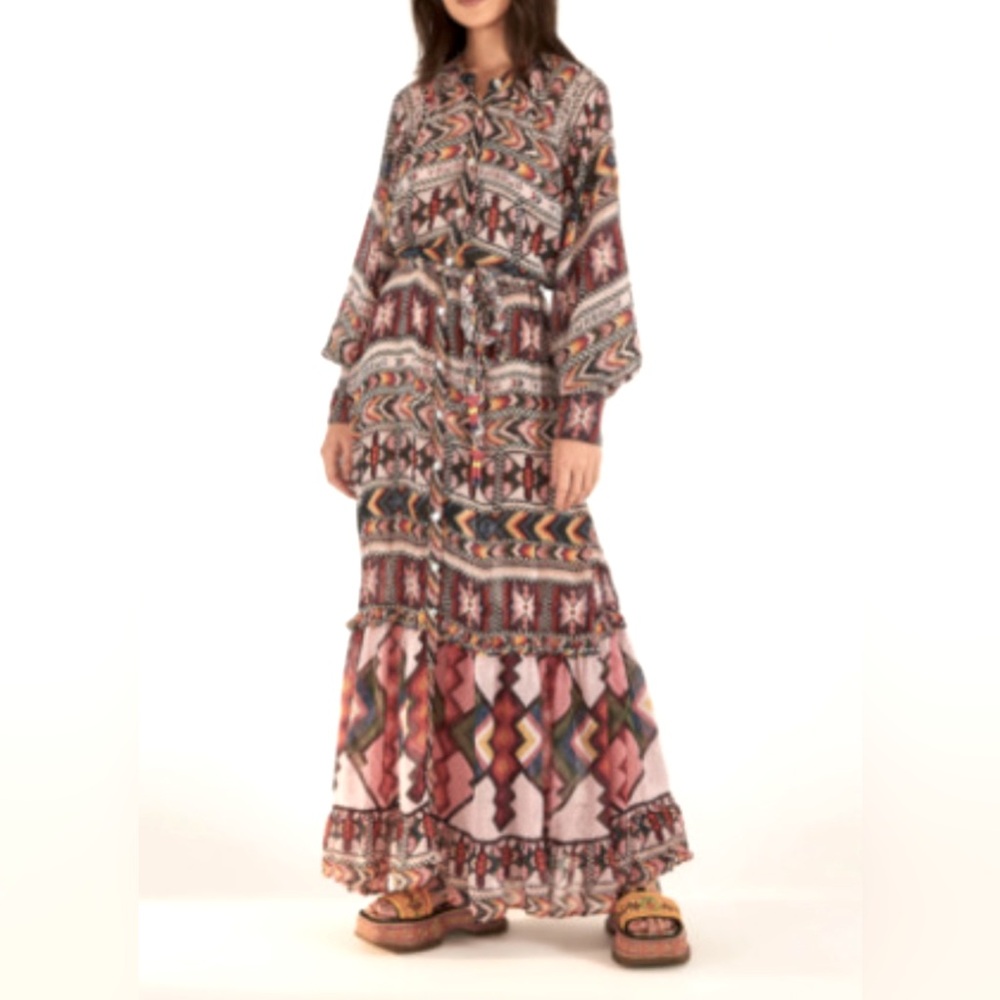 NWT Farm Rio Amulet Maxi Boho Sleeved Belted Aztec Sheer Dress Sz Large - Picture 1 of 17